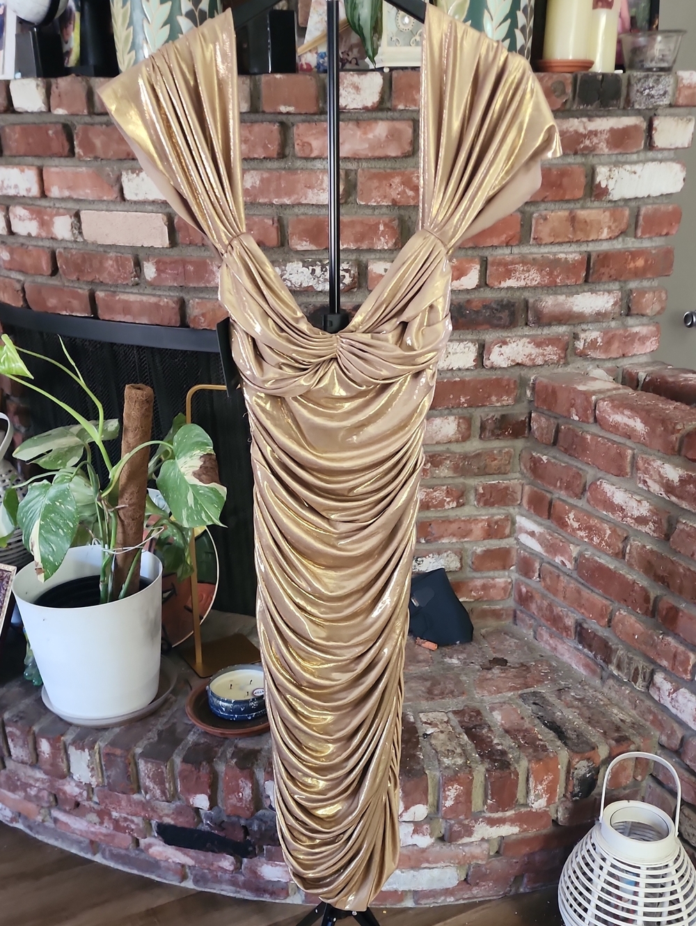 NWT Norma Kamali Metallic Gold Deep V Ruched Maxi Dress